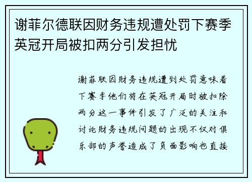 谢菲尔德联因财务违规遭处罚下赛季英冠开局被扣两分引发担忧 谢菲尔德联因财务违规遭处罚下赛季英冠开局被扣两分引发担忧