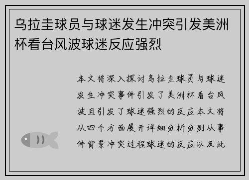 乌拉圭球员与球迷发生冲突引发美洲杯看台风波球迷反应强烈